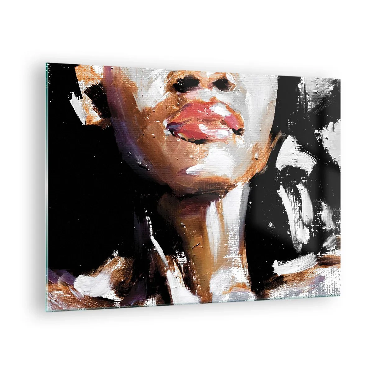 Glastavla - Bild på glas - Närbild av ett färgstarkt porträtt av en kvinna i en uttrycksfull stil - 70x50cm - Stolthet utan fördomar - Modern väggdekoration för vardagsrum och sovrum ARTTOR