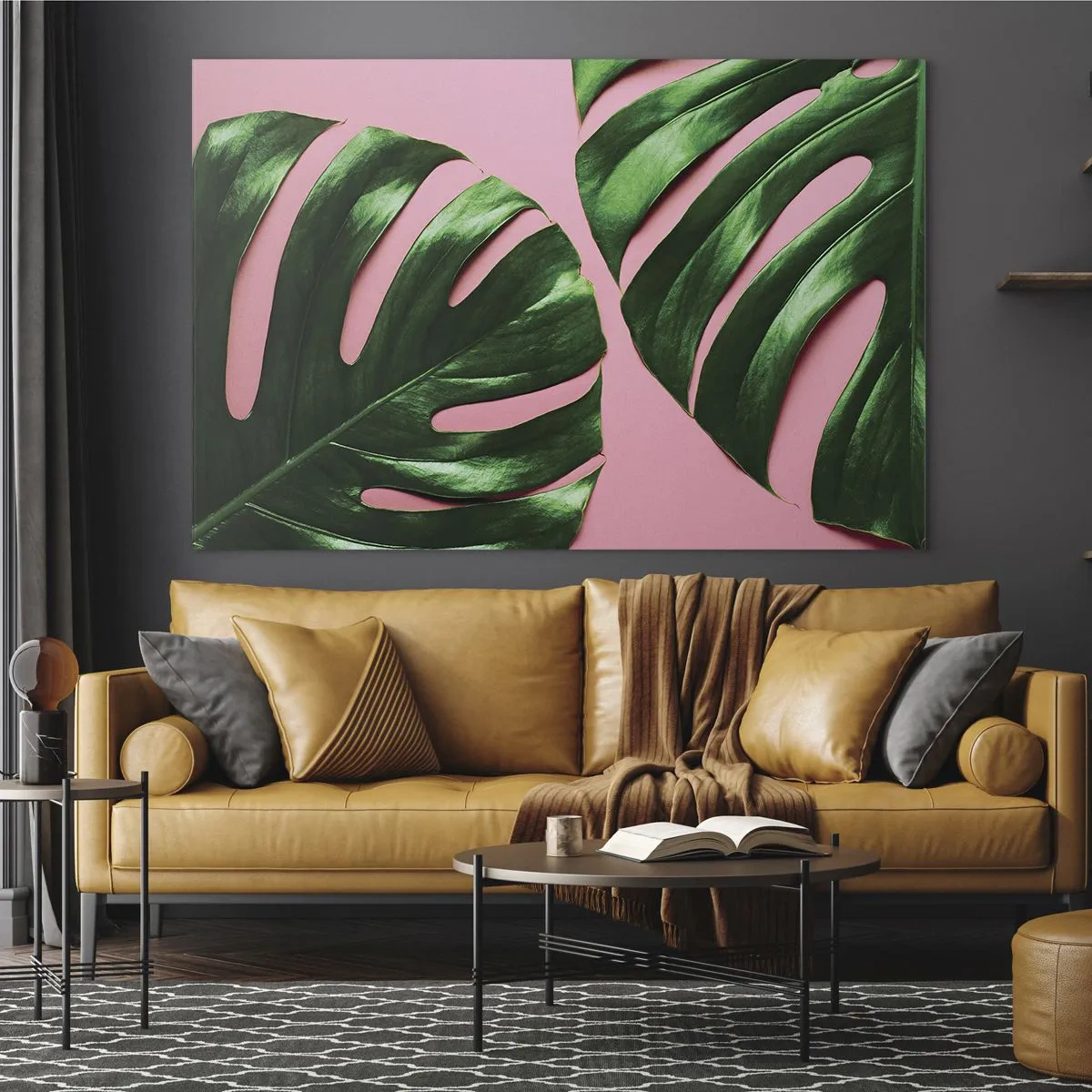 Glastavla - Bild på glas - Gröna monsterablad på en rosa bakgrund - 70x50cm - Grön rendez-vous - Modern väggdekoration för vardagsrum och sovrum ARTTOR