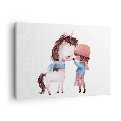 Canvastavla - Bild på duk - En flicka och en enhörning i ett vinterlandskap - 70x50cm - Vintersaga - Modern väggdekoration för vardagsrum och sovrum ARTTOR