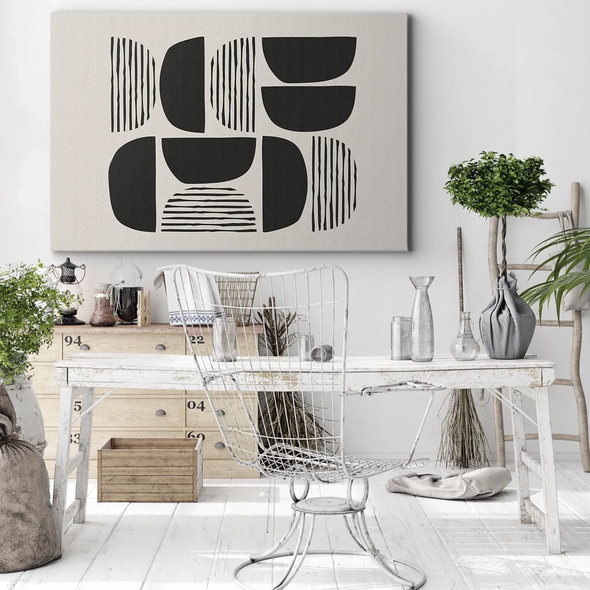 Canvastavla - Bild på duk - Geometri med halvcirklar och linjer i svart mot ljus bakgrund - 70x50cm - Arrangemang med halvor - Modern väggdekoration för vardagsrum och sovrum ARTTOR