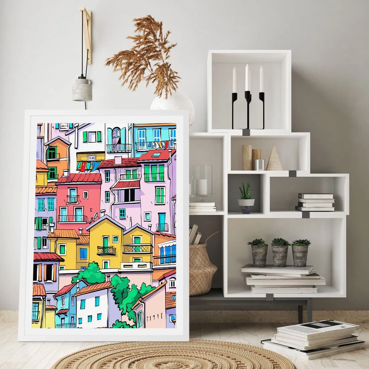 Affisch i vit ram - Gladlynt stad - 50x70 cm