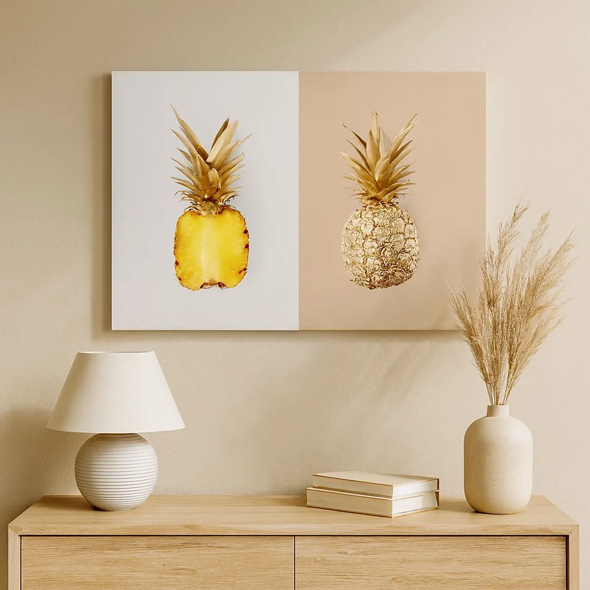 Canvastavla - Bild på duk - Hälften av en färsk, gyllene ananas mot en kontrasterande bakgrund - 70x50cm - Ananas för oss - Modern väggdekoration för vardagsrum och sovrum ARTTOR