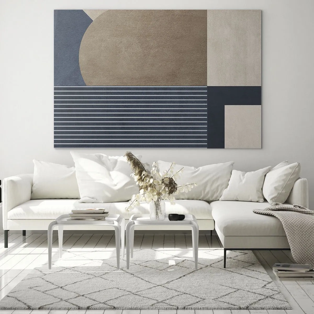 Glastavla - Bild på glas - En minimalistisk form med en cirkel och linjer i beige - 70x50cm - Komposition av enkelhet och rundhet - Modern väggdekoration för vardagsrum och sovrum ARTTOR