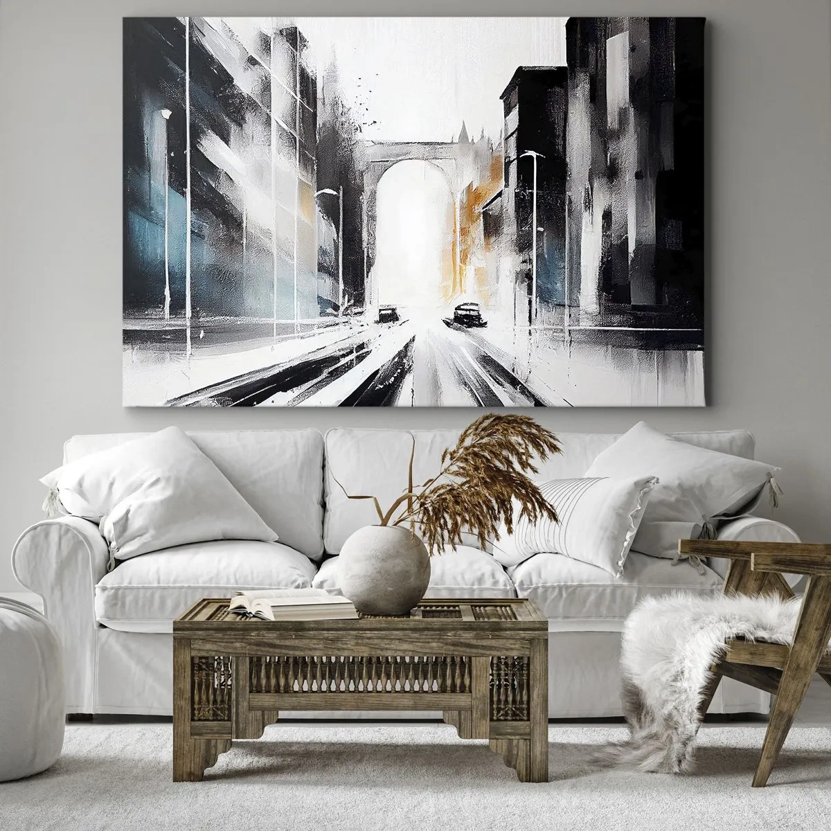 Canvastavla - Bild på duk - Abstrakt stadspanorama med en välvd bro - 70x50cm - Stadsstudie: arkitektur och rörelse - Modern väggdekoration för vardagsrum och sovrum ARTTOR