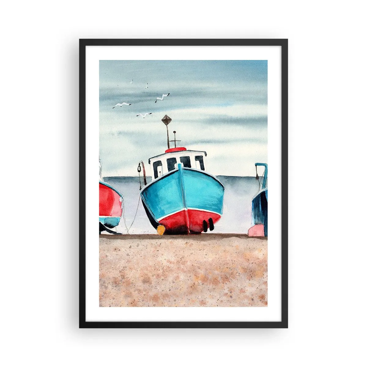 Affisch i svart ram - Måleriskt blå fiskebåtar på stranden - 50x70cm - Redo för fångst - Modern väggdekoration för vardagsrum och sovrum ARTTOR