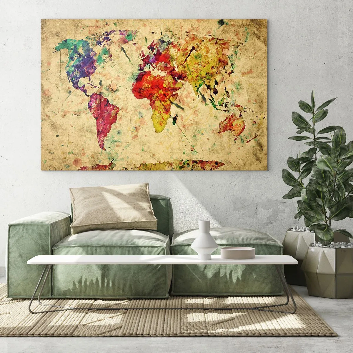 Glastavla - Bild på glas - Färgglad världskarta på en texturerad, vintagebakgrund - 70x50cm - Livet som färgglatt kartpapper - Modern väggdekoration för vardagsrum och sovrum ARTTOR