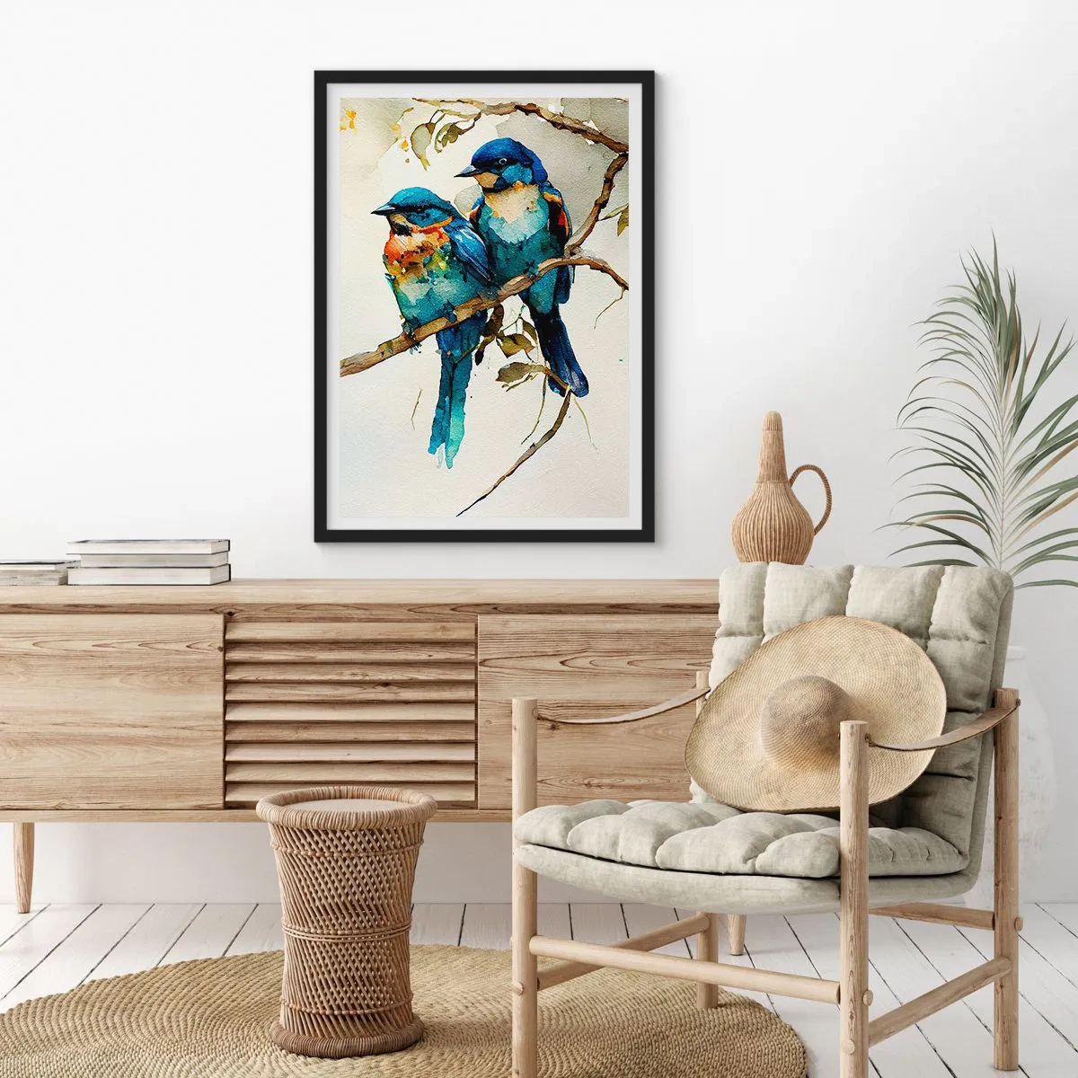 Affisch i svart ram - Akvarellfåglar på en gren i nyanser av blått och brunt - 50x70cm - Sur? - Modern väggdekoration för vardagsrum och sovrum ARTTOR