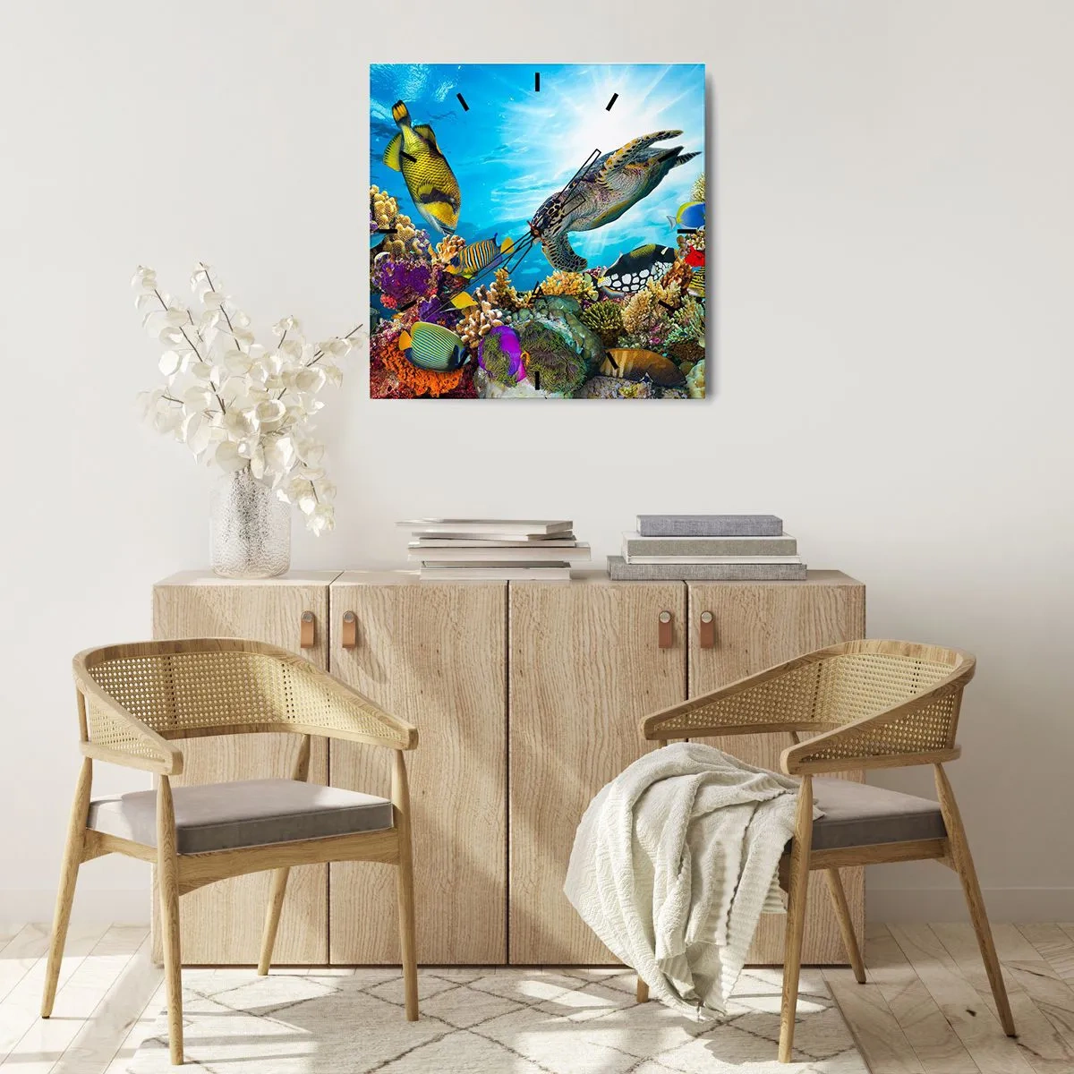 Väggklocka - Klocka på glas - Korallpromenad - 40x40 cm