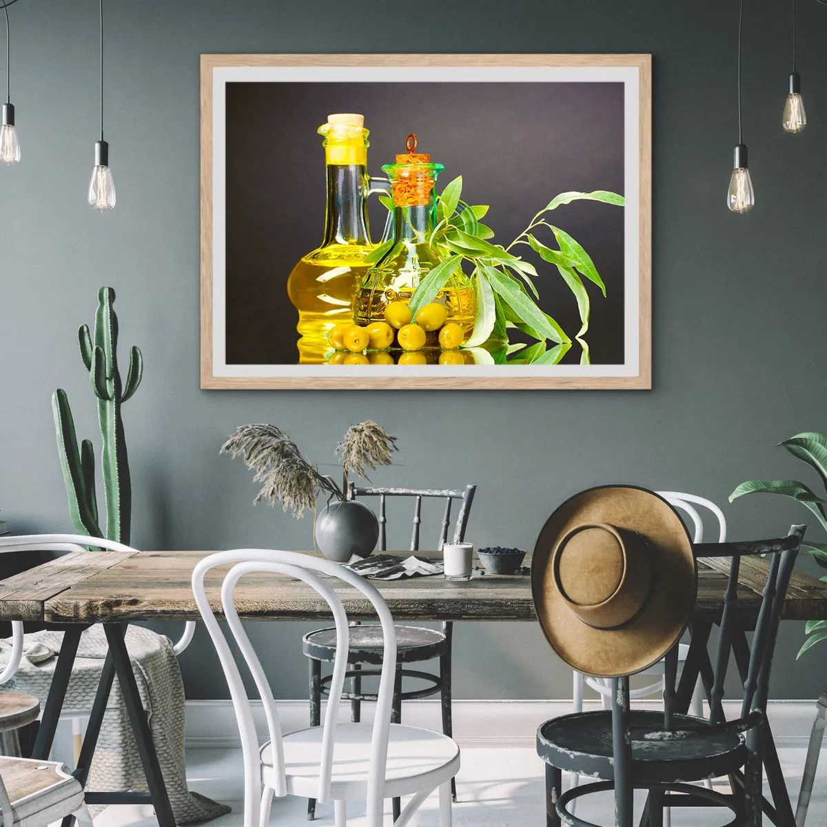 Affisch i ram av ljusek - Stilleben med oliver och olivolja - 70x50 cm