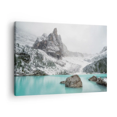 Canvastavla - Bild på duk - Ett bergslandskap med en sjö omgiven av snötäckta toppar - 70x50cm - På vakt - Modern väggdekoration för vardagsrum och sovrum ARTTOR