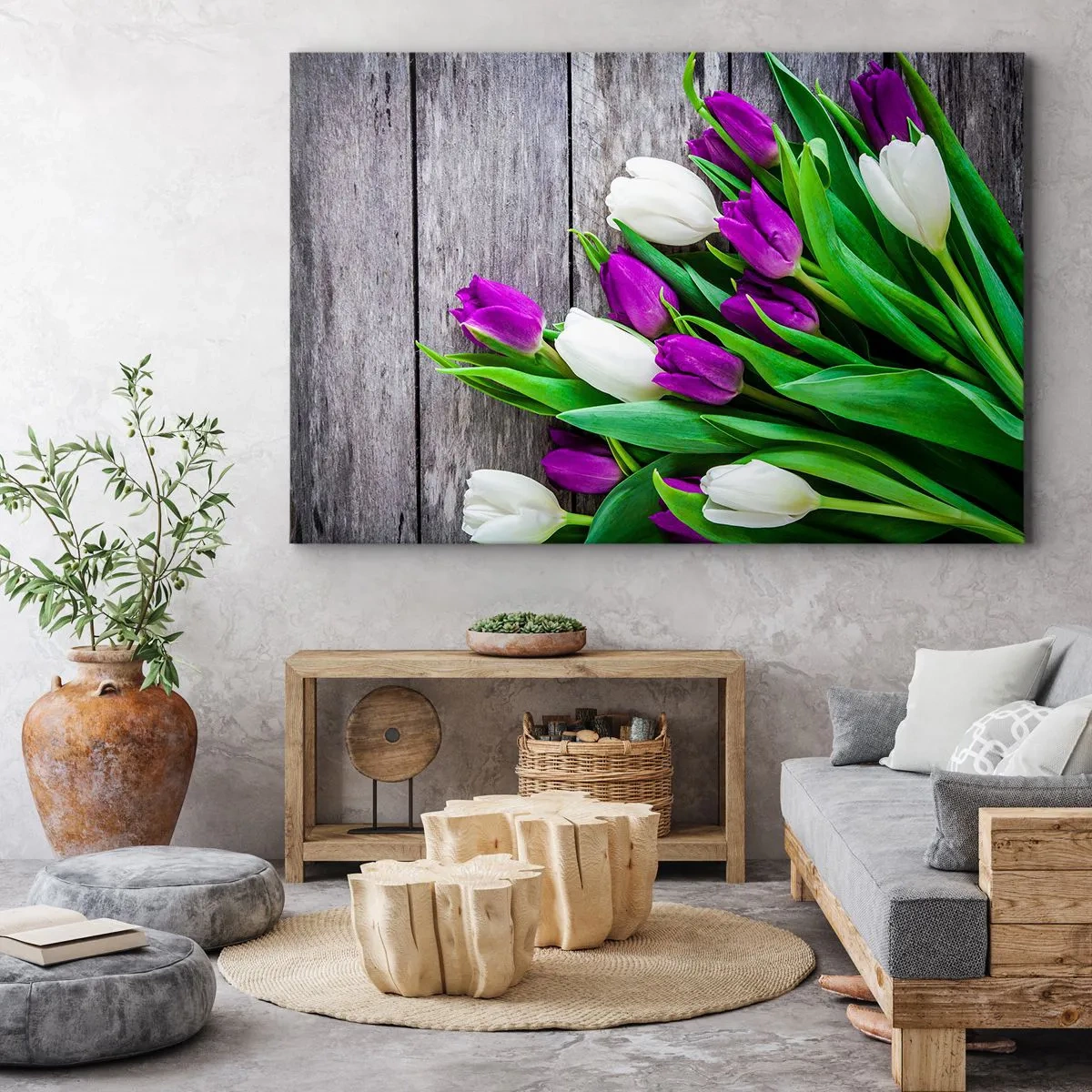 Canvastavla - Bild på duk - En bukett lila och vita tulpaner på en träbakgrund - 70x50cm - På vårdagen - Modern väggdekoration för vardagsrum och sovrum ARTTOR