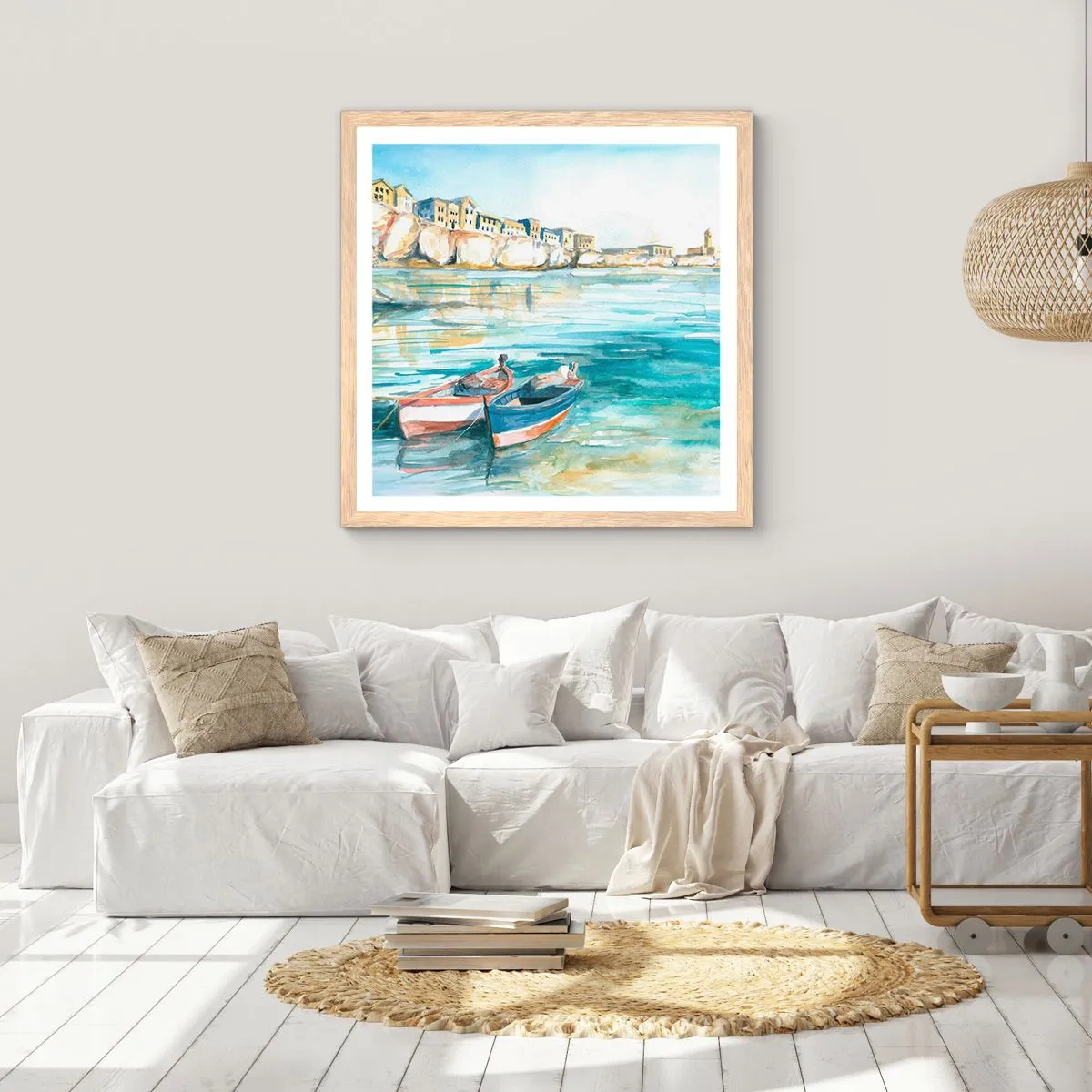 Affisch i ram av ljusek - Landskap i azurblått - 30x30 cm