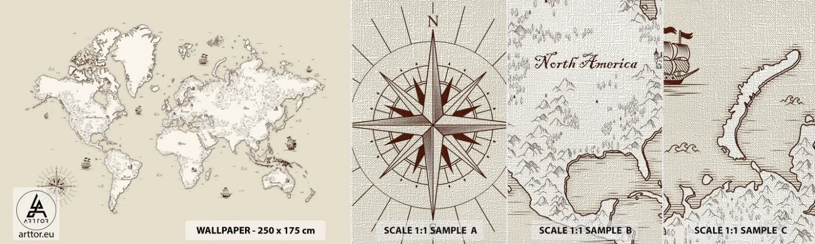 Provbit av fototapet Premium Canvas - Världen runt - Världskarta, Kontinenter, Pirat skepp - 100x30 cm
