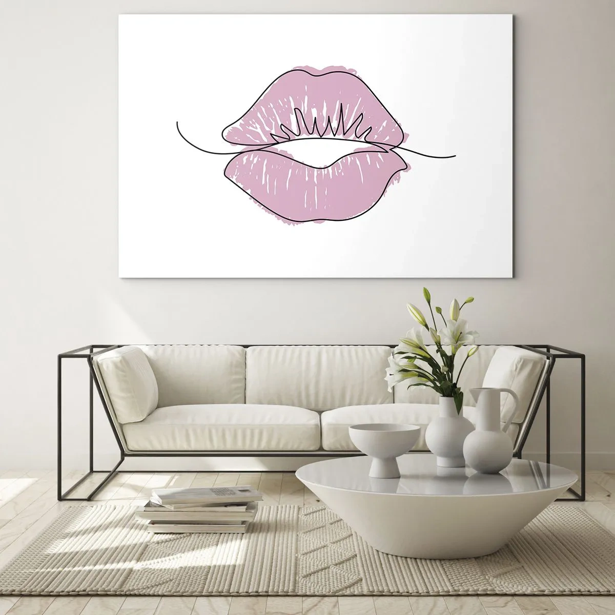 Glastavla - Bild på glas - Abstrakt bild av läppar i nyanser av rosa och svart - 70x50cm - Redo att kyssas? - Modern väggdekoration för vardagsrum och sovrum ARTTOR