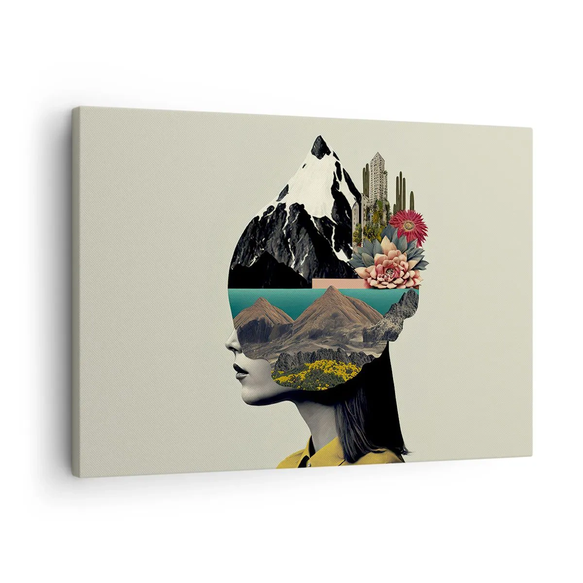 Canvastavla - Bild på duk - Collage av en kvinna med ett bergslandskap och blommor - 70x50cm - Kvinnan - alltid ett mysterium - Modern väggdekoration för vardagsrum och sovrum ARTTOR