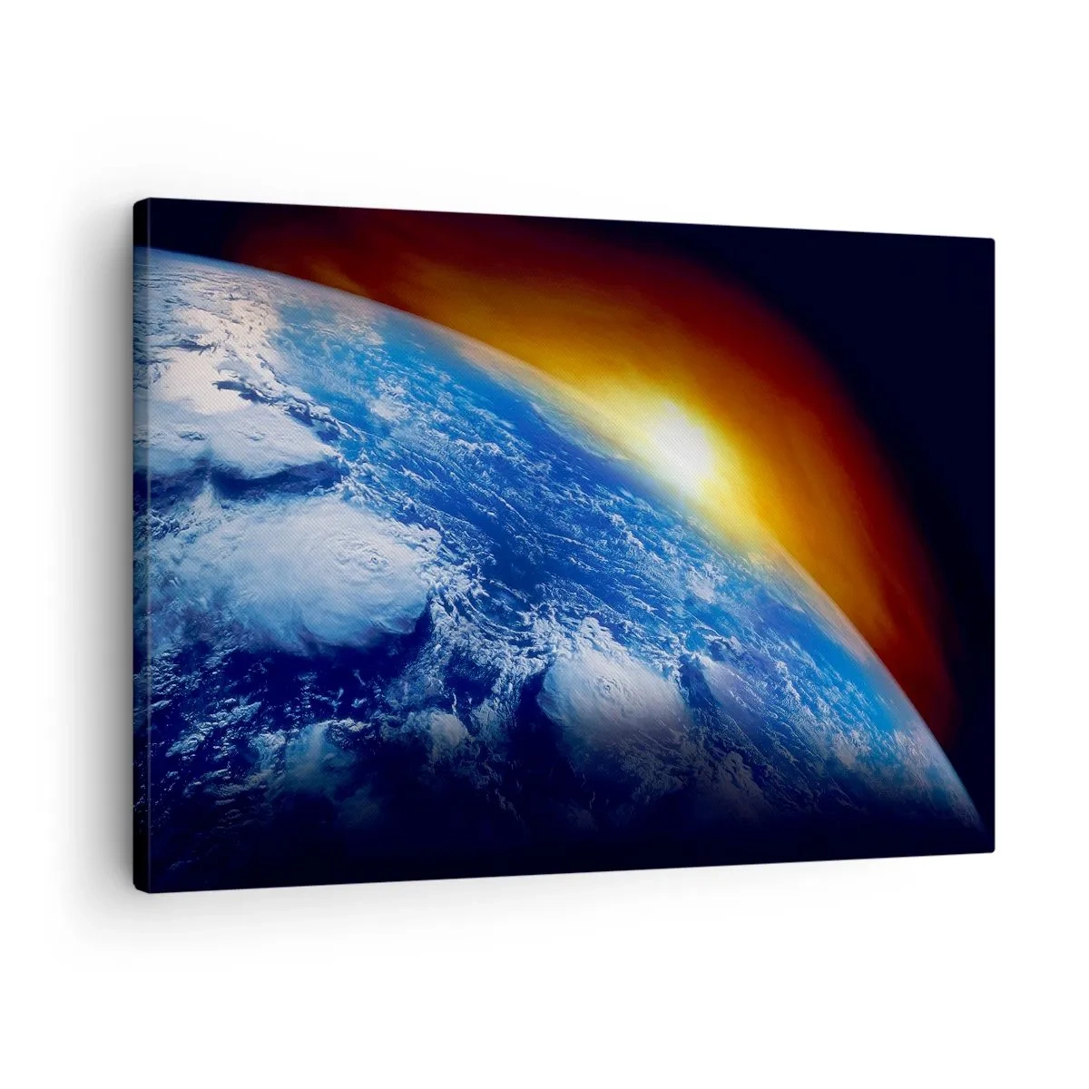 Canvastavla - Bild på duk - Vy över jorden från rymden vid solnedgången - 70x50cm - Soluppgång över den blåa planeten - Modern väggdekoration för vardagsrum och sovrum ARTTOR