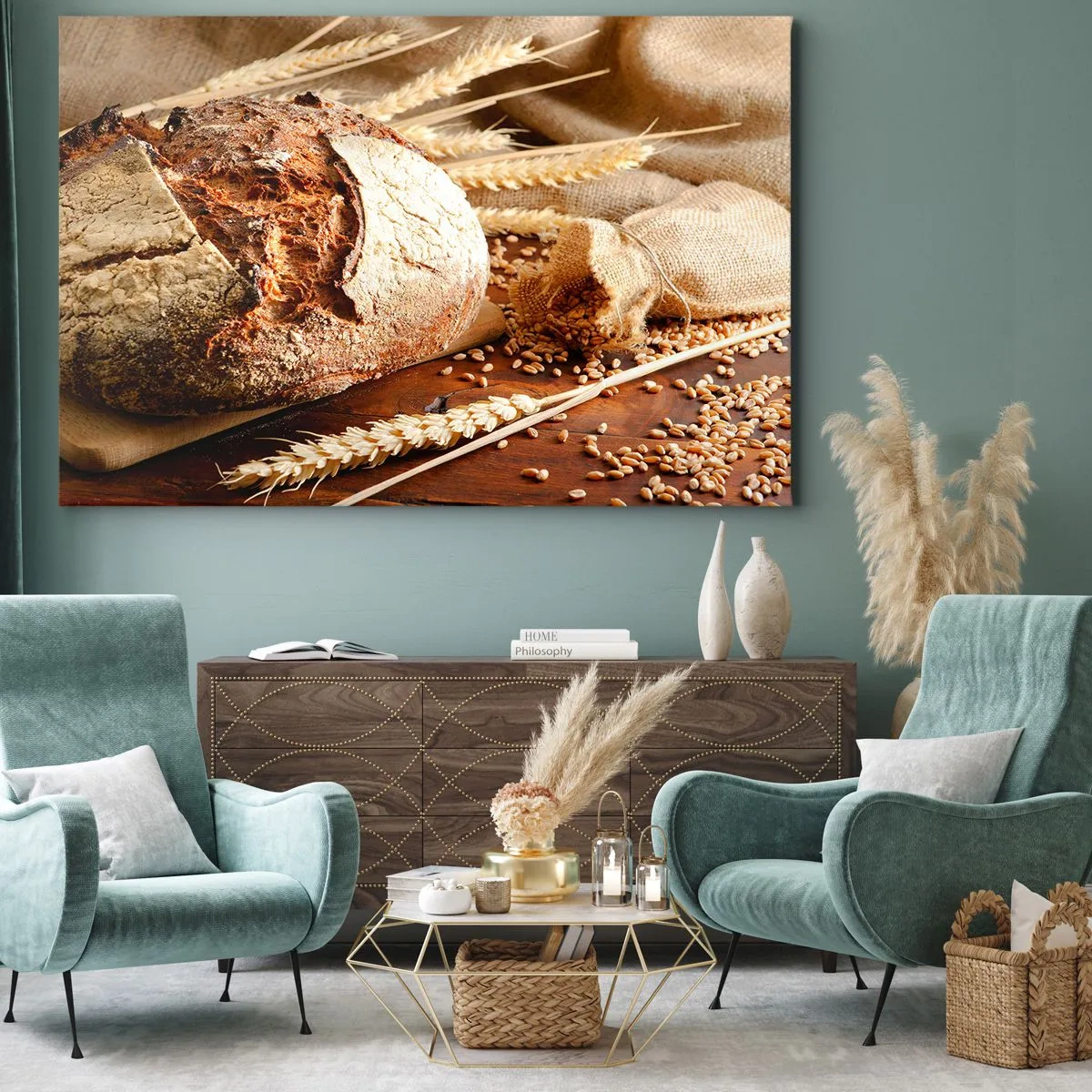 Canvastavla - Bild på duk - Krispigt bröd med korn och veteöron på en träbakgrund - 70x50cm - Aptitlig, doftande, knaprig - Modern väggdekoration för vardagsrum och sovrum ARTTOR
