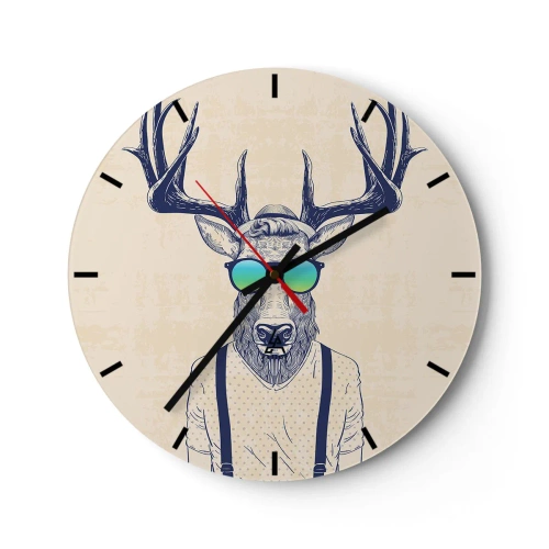 Väggklocka - Klocka på glas - Hjort i hipster-stil solglasögon - 30x30cm - Och vem väntade du på? - Modern väggdekoration för vardagsrum, kök och sovrum ARTTOR
