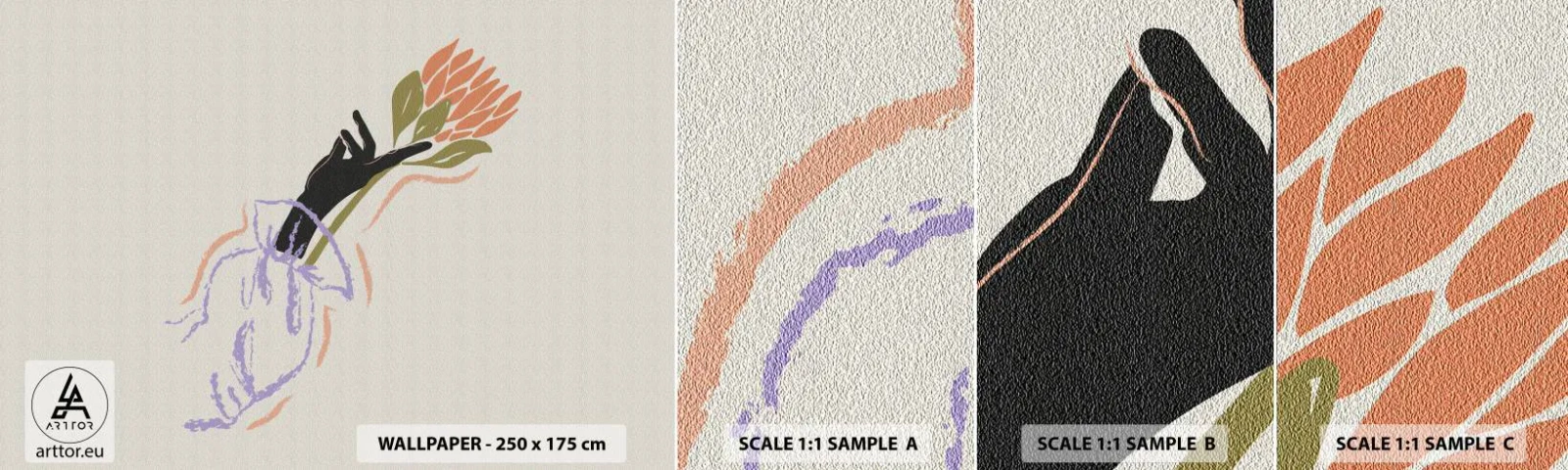 Provbit av självhäftande fototapet Deluxe Sticker - En systerlig beröring - Hand, Blomma, Minimalism - 100x30 cm