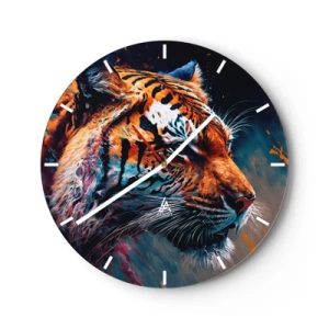Väggklocka - Klocka på glas - Porträtt av en tiger i intensiva färger med måleriska accenter - 30x30cm - Vild skönhet - Modern väggdekoration för vardagsrum, kök och sovrum ARTTOR