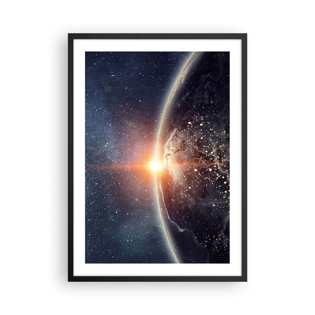 Affisch i svart ram - Jorden från rymden upplyst av den stigande solen - 50x70cm - I nytt perspektiv - Modern väggdekoration för vardagsrum och sovrum ARTTOR