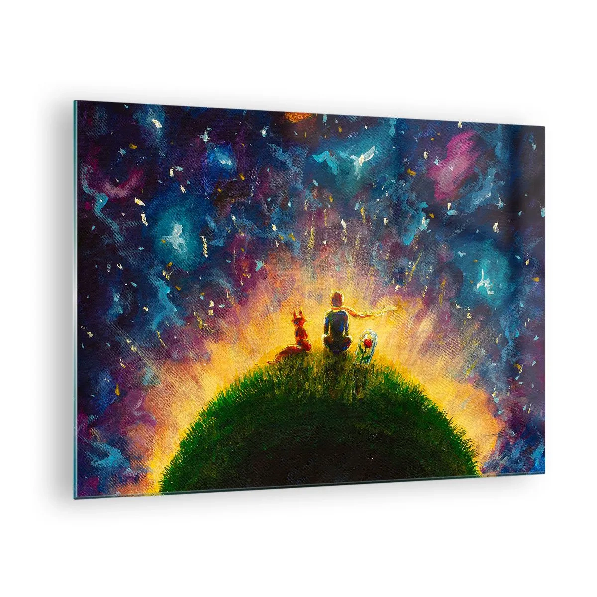 Glastavla - Bild på glas - En figur med en räv på en planet under en stjärnklar himmel - 70x50cm - Kärlek och vänskap - hela världen - Modern väggdekoration för vardagsrum och sovrum ARTTOR