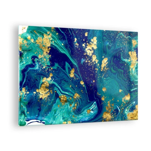 Glastavla - Bild på glas - Ett abstrakt mönster i nyanser av turkos och marinblått med gulddetaljer - 70x50cm - Solflingor - Modern väggdekoration för vardagsrum och sovrum ARTTOR
