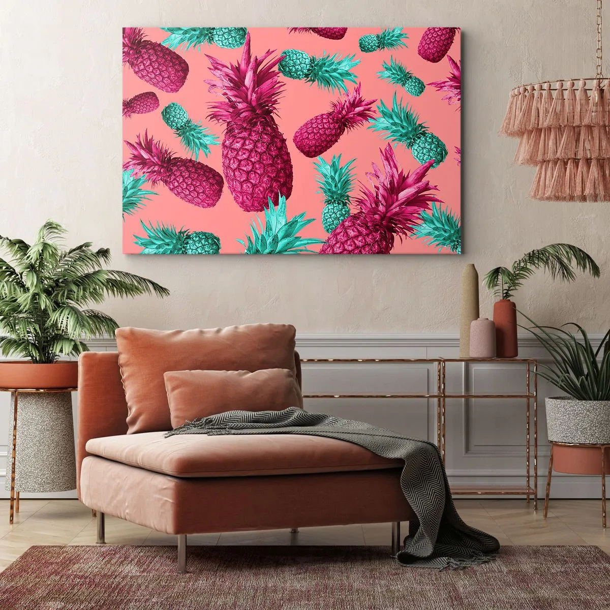 Canvastavla - Bild på duk - Exotiska ananaser i rosa och turkosa färger - 70x50cm - Friheten är söt - Modern väggdekoration för vardagsrum och sovrum ARTTOR
