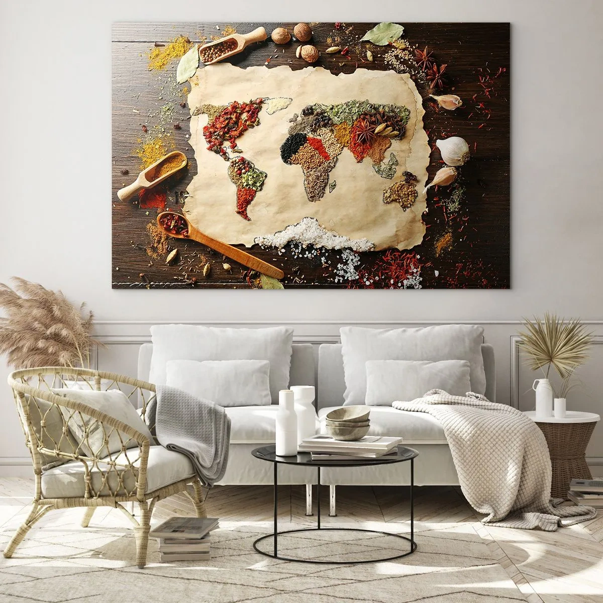 Glastavla - Bild på glas - En världskarta gjord av olika kryddor på en rustik bakgrund. - 70x50cm - Världens alla smaker - Modern väggdekoration för vardagsrum och sovrum ARTTOR