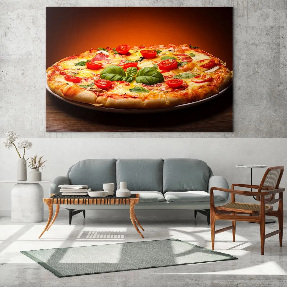 Glastavla - Bild på glas - Pizza med tomater, basilika och smält ost - 70x50cm - Mamma mia! - Modern väggdekoration för vardagsrum och sovrum ARTTOR