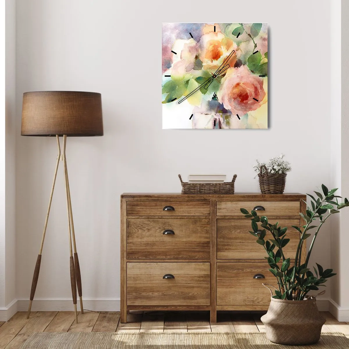 Väggklocka - Klocka på glas - Delikat som en akvarell - 40x40 cm