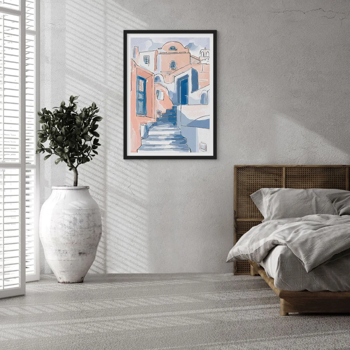 Affisch i svart ram - En pittoresk gata i medelhavsstil i nyanser av blått - 50x70cm - Exotisk stad - Modern väggdekoration för vardagsrum och sovrum ARTTOR