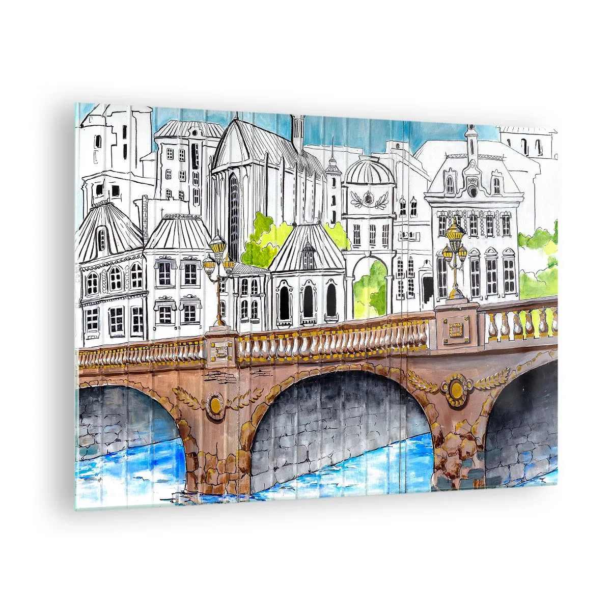 Glastavla - Bild på glas - Bron och stadsarkitekturen i form av en akvarellskiss - 70x50cm - Stad som målad - Modern väggdekoration för vardagsrum och sovrum ARTTOR