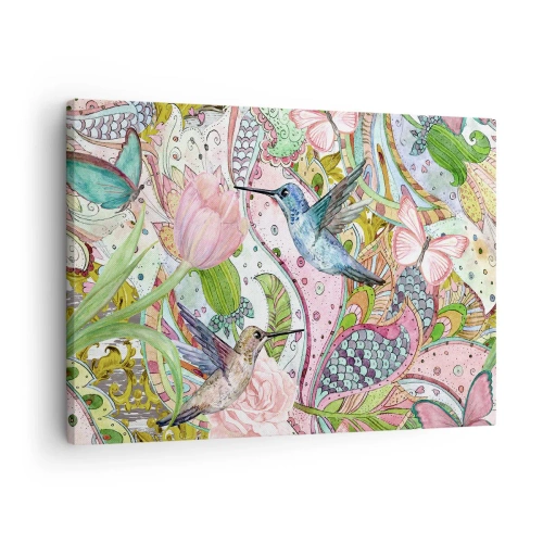 Canvastavla - Bild på duk - Färgglada kolibrier och fjärilar bland växterna - 70x50cm - Inbäddade i klätterväxter - Modern väggdekoration för vardagsrum och sovrum ARTTOR