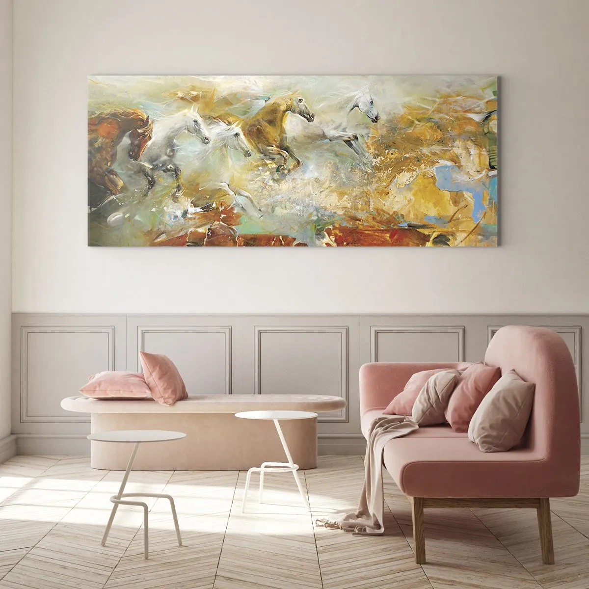 Glastavla - Bild på glas - Galopp genom ljuset - 160x50 cm