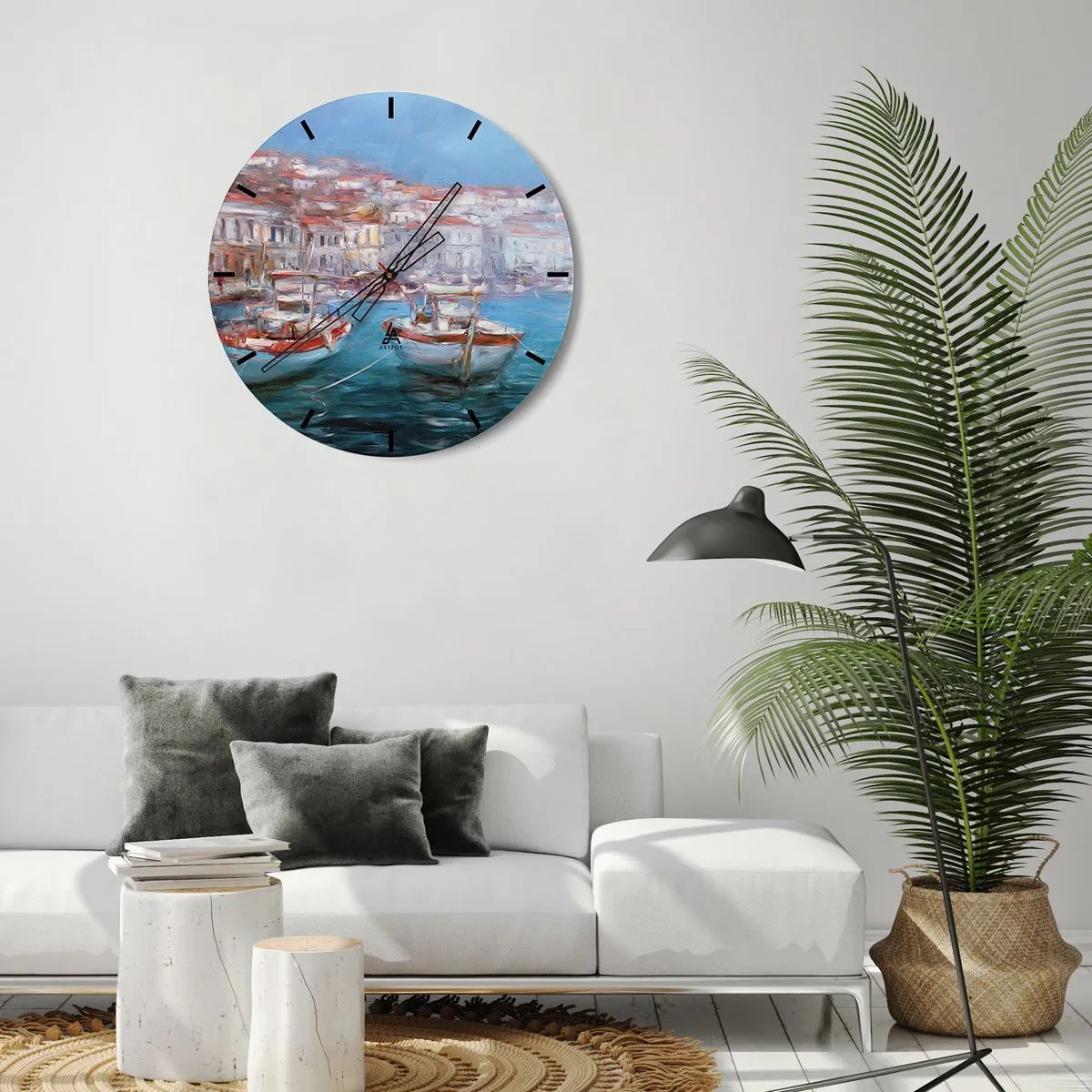 Väggklocka - Klocka på glas - En pittoresk hamn med båtar i impressionistisk stil - 30x30cm - Italiensk vik - Modern väggdekoration för vardagsrum, kök och sovrum ARTTOR