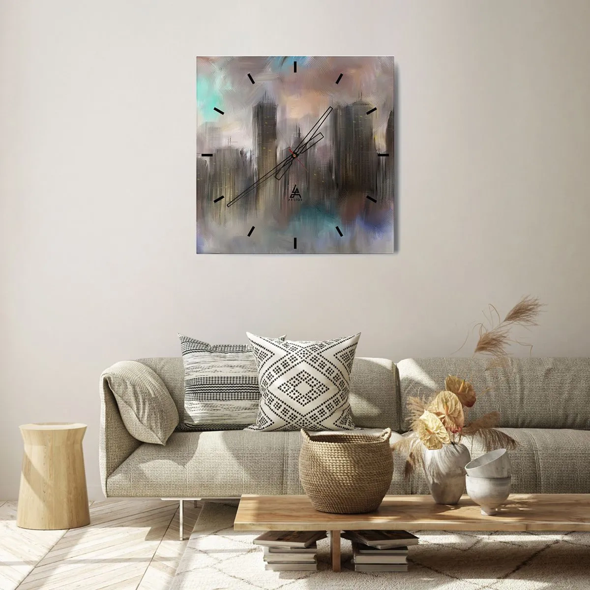 Väggklocka - Klocka på glas - Komposition av stål, sten och dimma - 30x30 cm