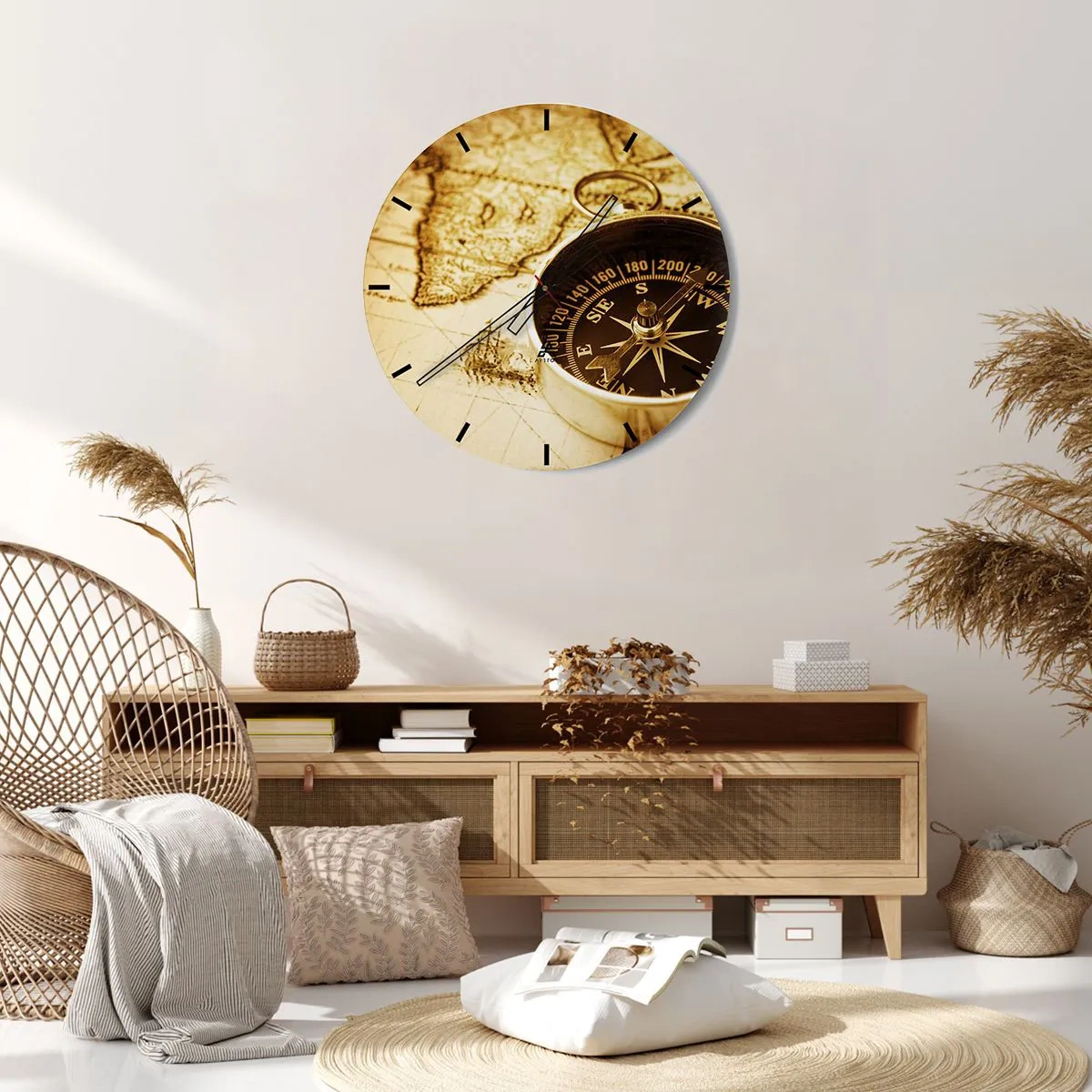 Väggklocka - Klocka på glas - Västerut eller österut? - 40x40 cm