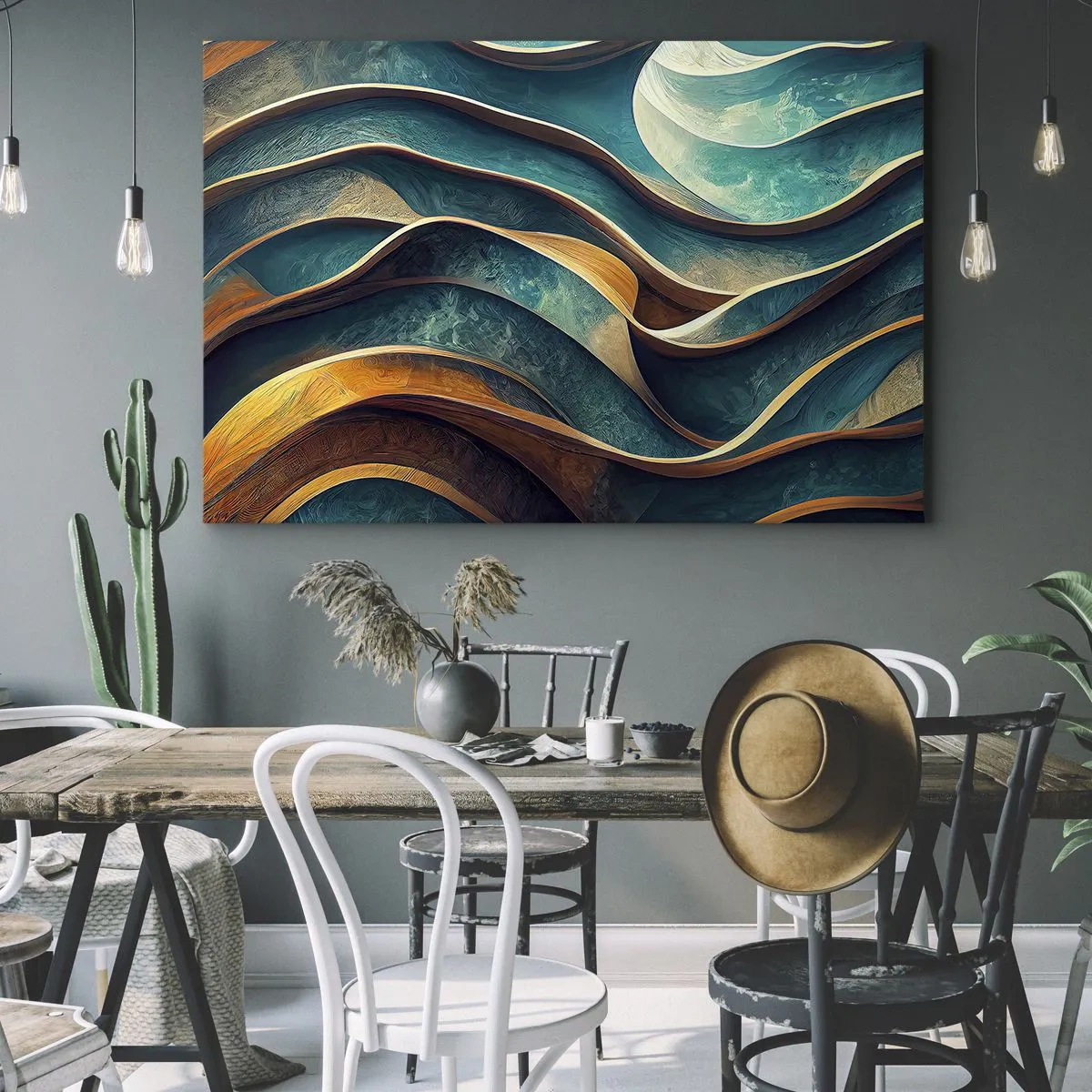 Canvastavla - Bild på duk - Abstrakta vågor i nyanser av turkos och guld - 70x50cm - Meandrar av blått - Modern väggdekoration för vardagsrum och sovrum ARTTOR