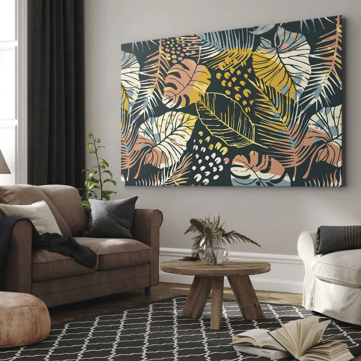Canvastavla - Bild på duk - Färgglada löv på en mörk bakgrund - 70x50cm - Lövfantasi - Modern väggdekoration för vardagsrum och sovrum ARTTOR