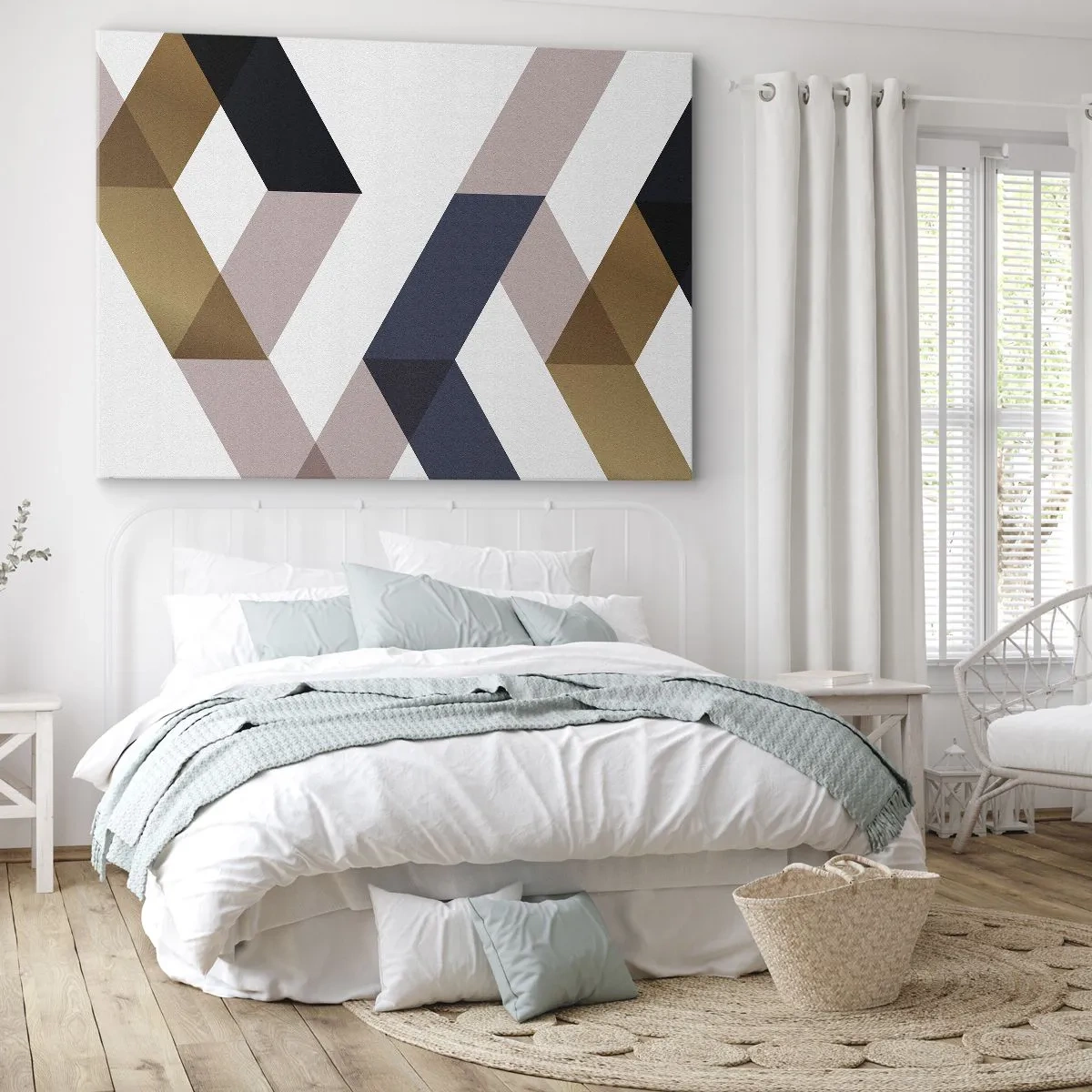 Canvastavla - Bild på duk - Geometriska mönster i nyanser av guld och marinblått - 70x50cm - Plan och vinklar - Modern väggdekoration för vardagsrum och sovrum ARTTOR