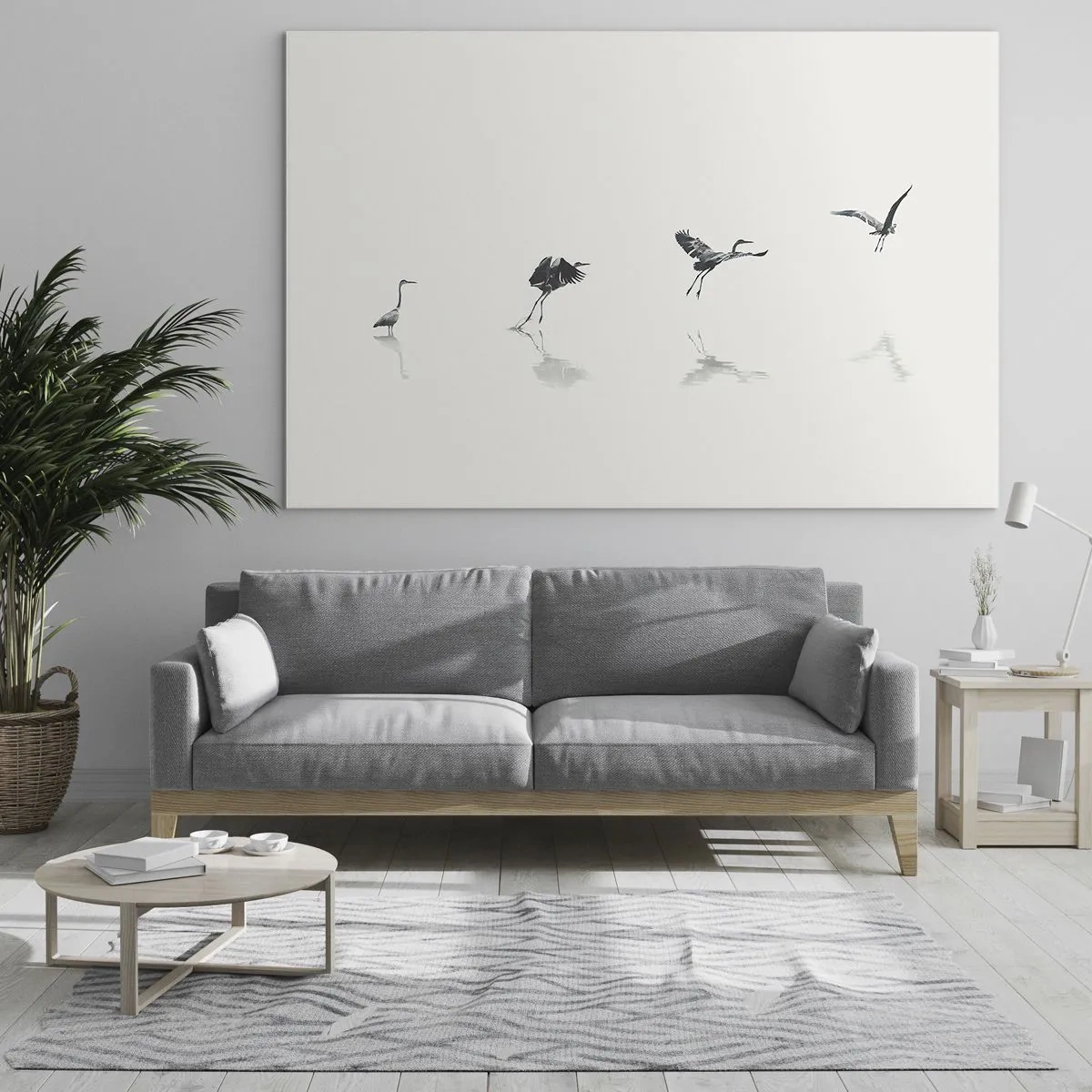 Glastavla - Bild på glas - Silhuetter av fyra fåglar som rör sig över vattnet - 70x50cm - Fyra enkla steg - Modern väggdekoration för vardagsrum och sovrum ARTTOR