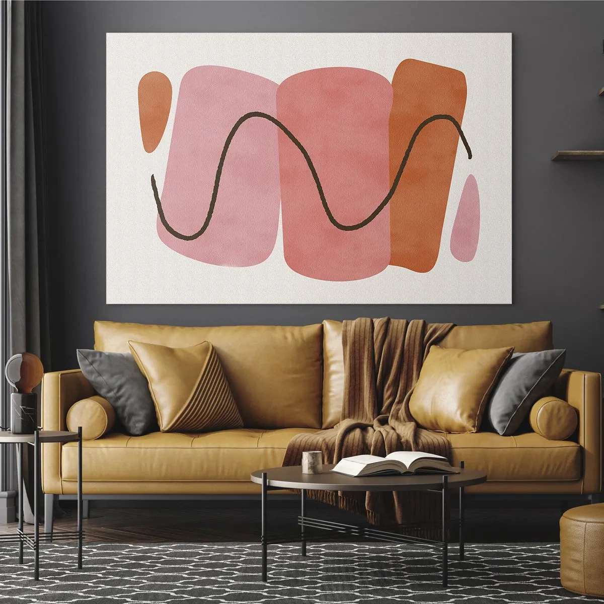 Glastavla - Bild på glas - Abstrakta former i rosa och orange med en svart linje - 70x50cm - Formernas mjuka rörelse - Modern väggdekoration för vardagsrum och sovrum ARTTOR