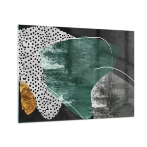 Glastavla - Bild på glas - Gröna former med svart bakgrund och guldfärgad accent - 70x50cm - Färgstark abstraktion med en guldflinga - Modern väggdekoration för vardagsrum och sovrum ARTTOR