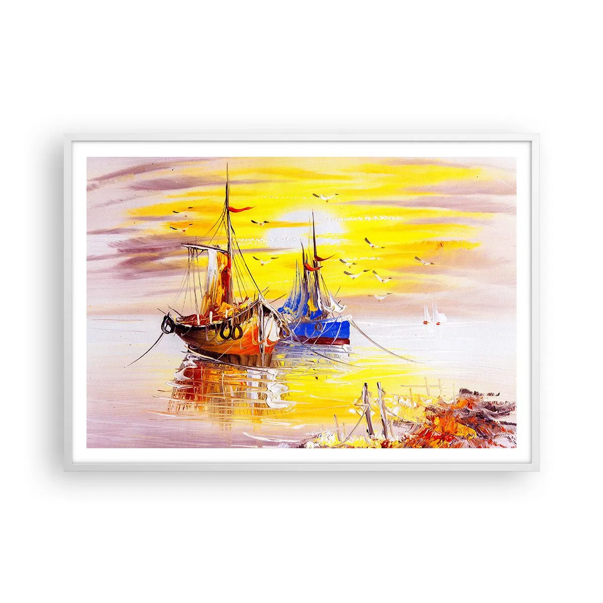 Affisch i vit ram - Välförtjänt vila i hamnen - 100x70 cm