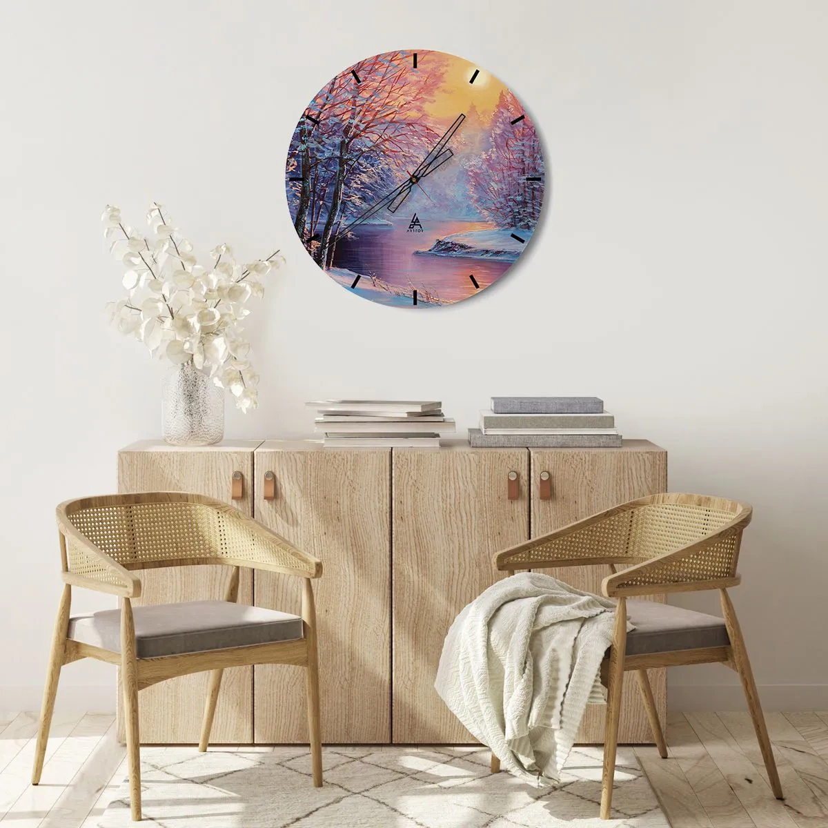 Väggklocka - Klocka på glas - Vinterlandskap med en flod vid solnedgången - 30x30cm - Vinterns färger - Modern väggdekoration för vardagsrum, kök och sovrum ARTTOR