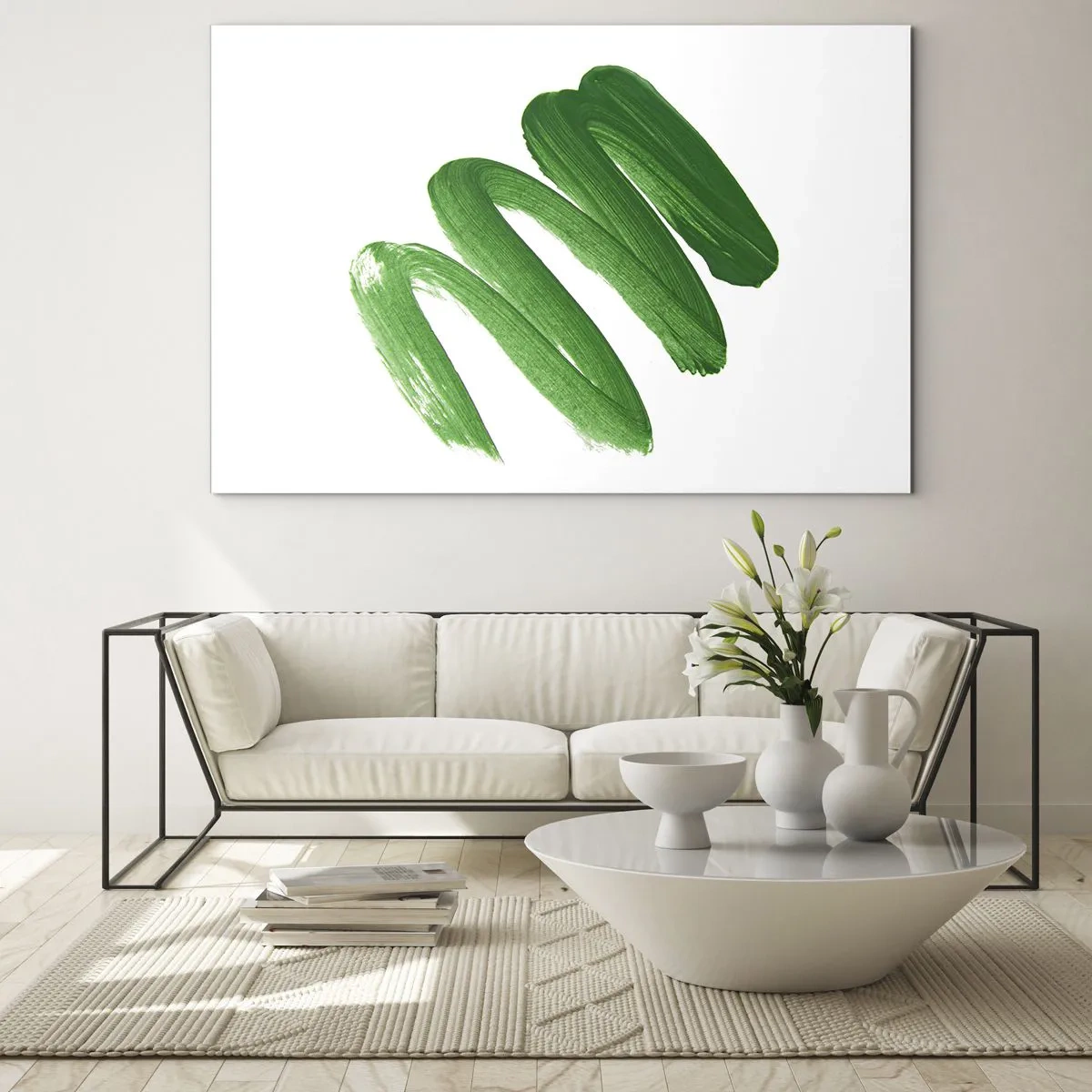 Glastavla - Bild på glas - Dynamisk grön penseldrag på vit bakgrund - 70x50cm - Ett grönt skämt - Modern väggdekoration för vardagsrum och sovrum ARTTOR