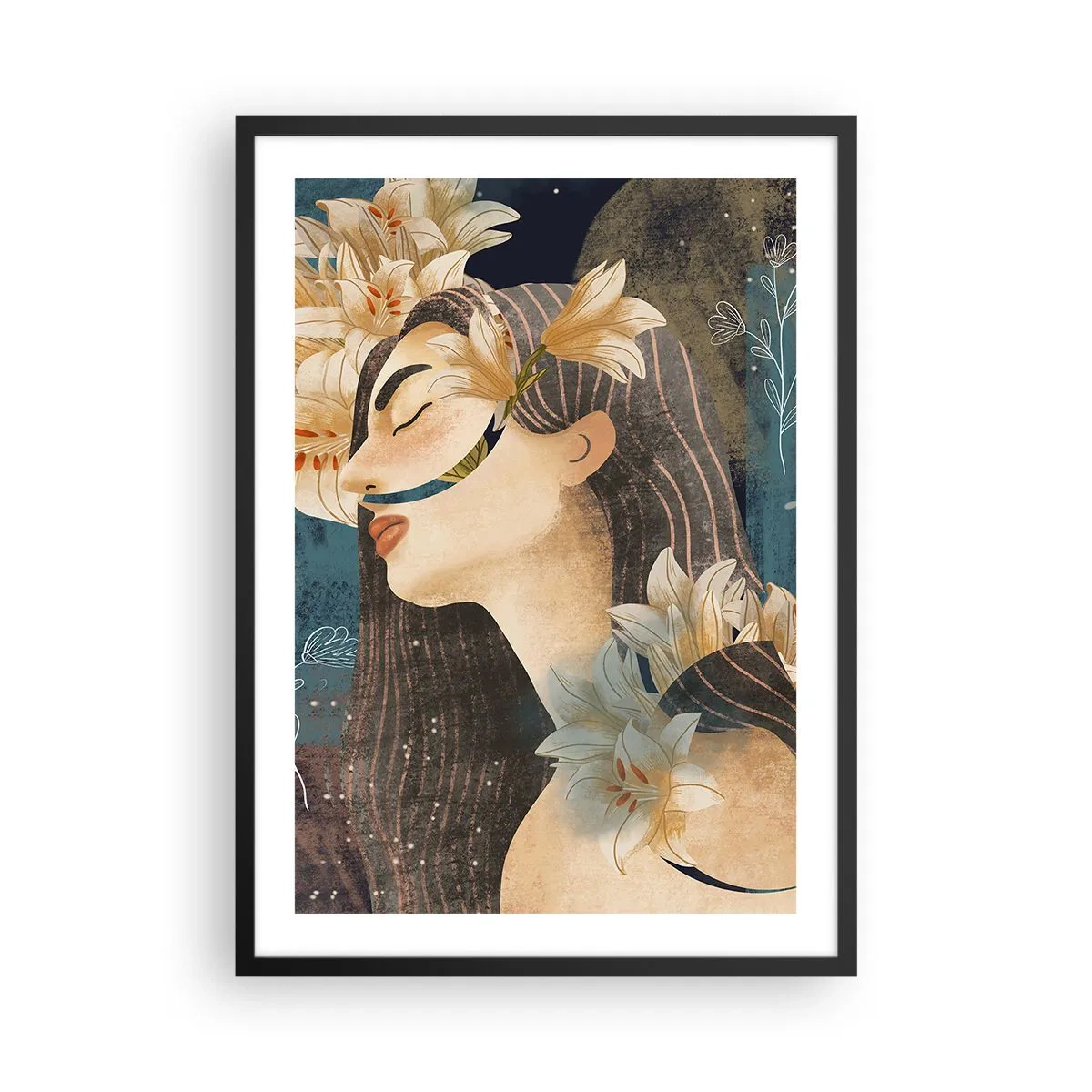 Affisch i svart ram - Profil av en kvinna omgiven av liljor mot en marinblå bakgrund - 50x70cm - Sagan om drottning med liljor - Modern väggdekoration för vardagsrum och sovrum ARTTOR