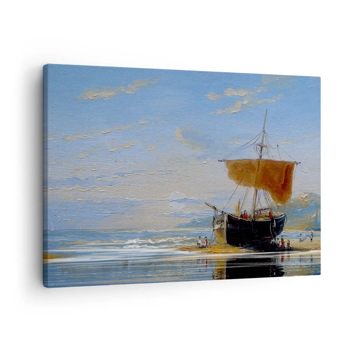 Canvastavla - Bild på duk - Ett skepp på stranden på en solig dag - 70x50cm - Vatten, jord, luft - Modern väggdekoration för vardagsrum och sovrum ARTTOR