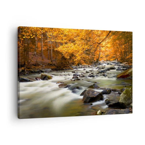 Canvastavla - Bild på duk - En bäck i en höstskog omgiven av gyllene löv - 70x50cm - Bäck i guldskogen - Modern väggdekoration för vardagsrum och sovrum ARTTOR